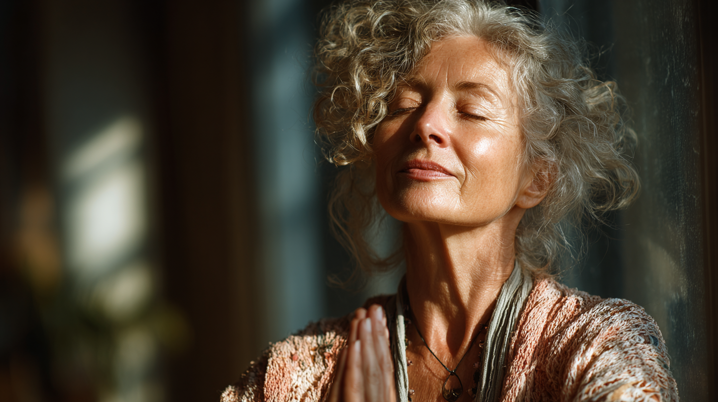 Idősebb nő jógázik természetes környezetben